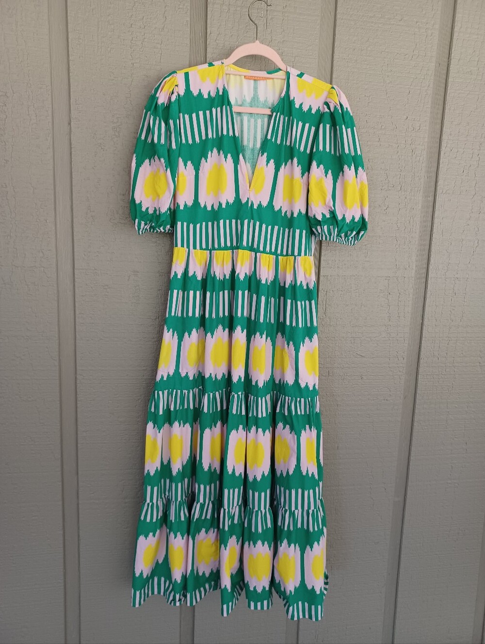 Oliphant Puff V Neck Maxi Dress Size S Women Feminine Pocket Cotton Ikat Green